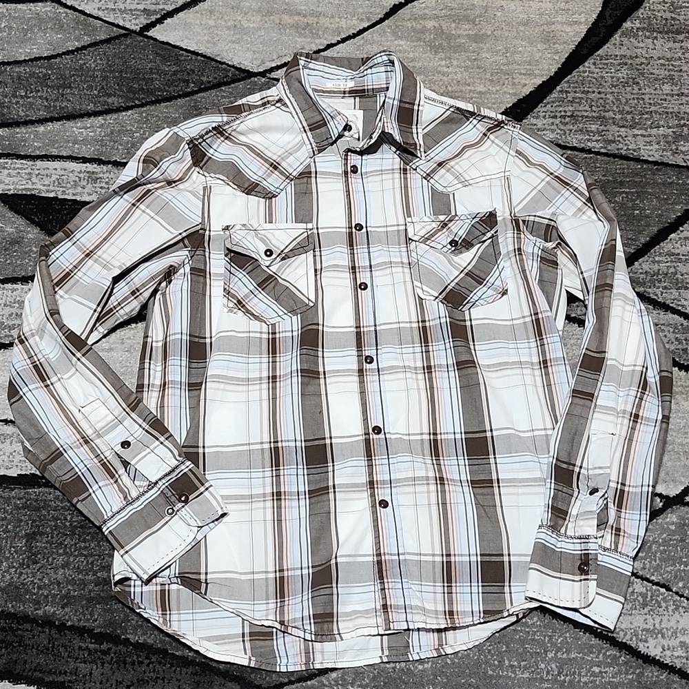 BKE PLAID SNAP-BUTTON SLIM-FIT LONG-SLEEVED SHIRT MEDIUM